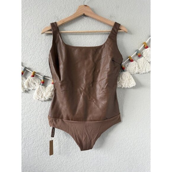 Skims Faux Leather Thong Bodysuit In Jasper Brown Comfort Slimming NWT L - Picture 1 of 8